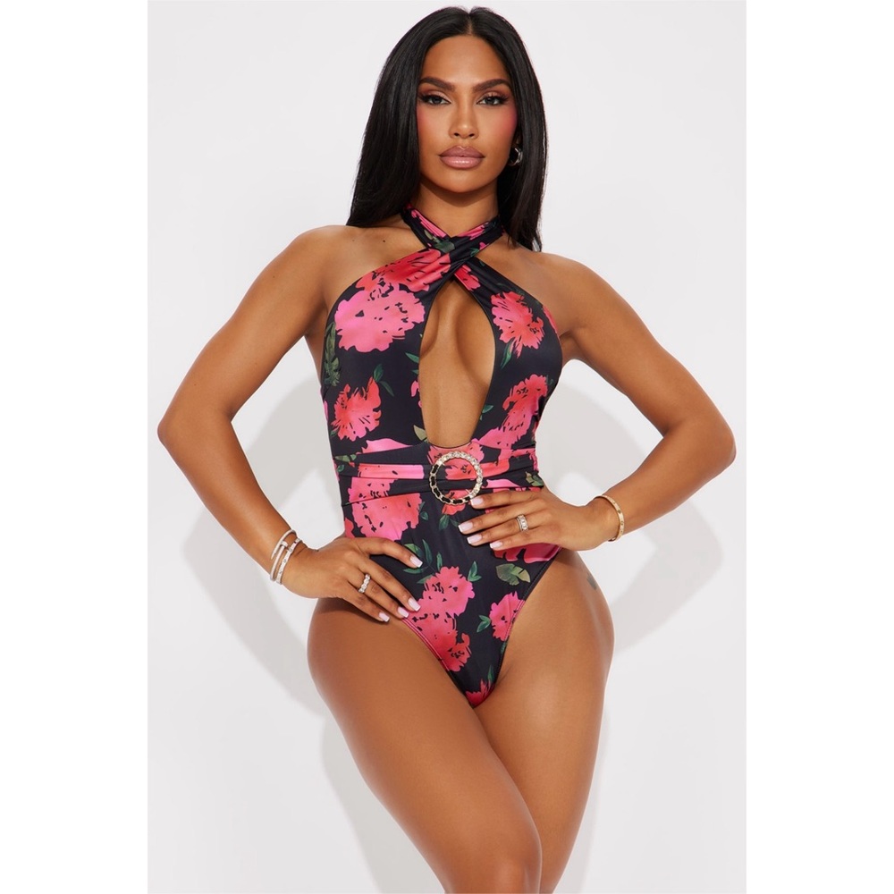 Fashion Nova Black & Pink Floral Crisscross High Cut Cheeky One Piece Swimsuit
